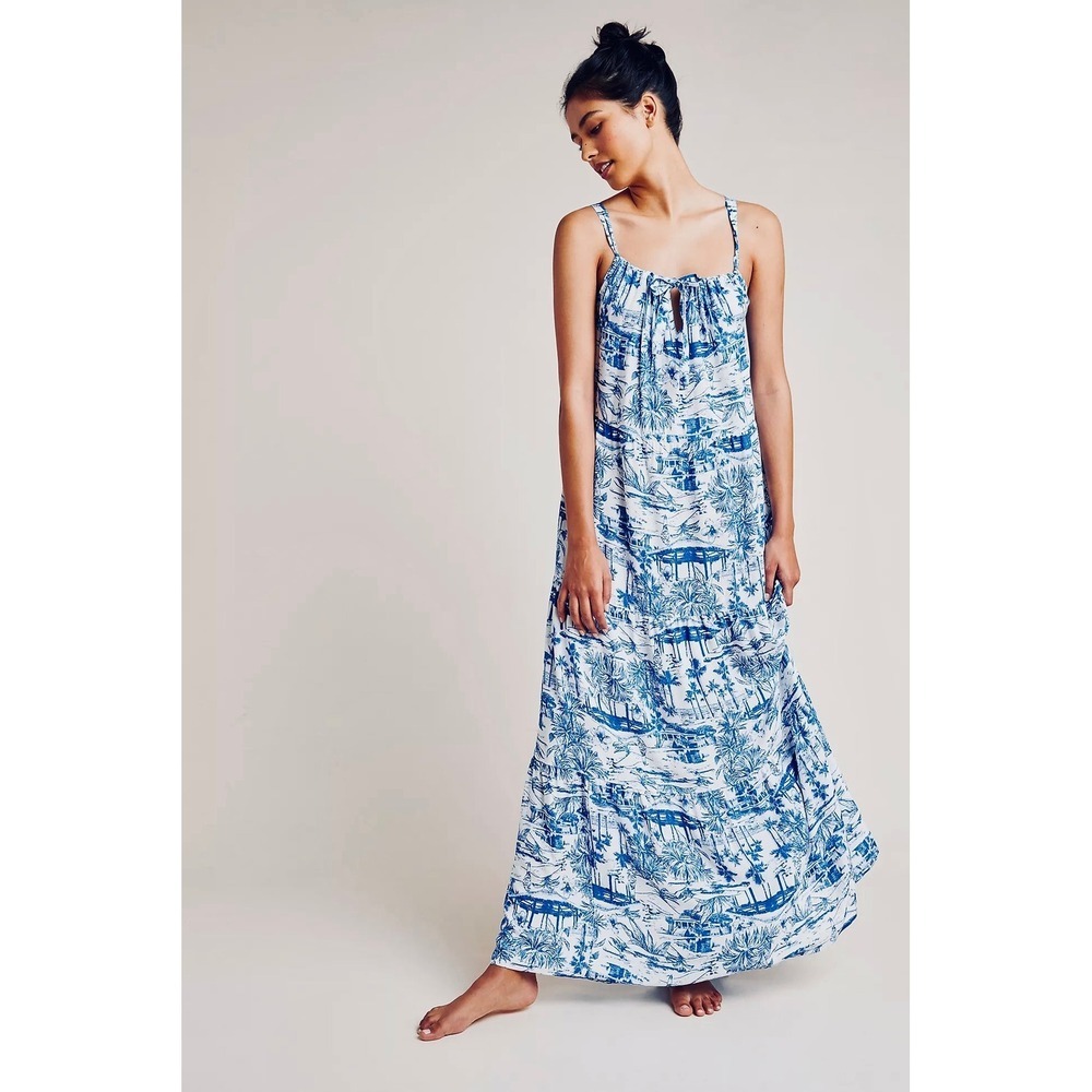 By ANTHROPOLOGIE Jasmine Tiered Cover-Up Dress Maxi Tropical Toile Blue Medium‎
